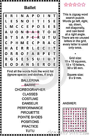 Ballet wordsearch puzzle Vector Illustration