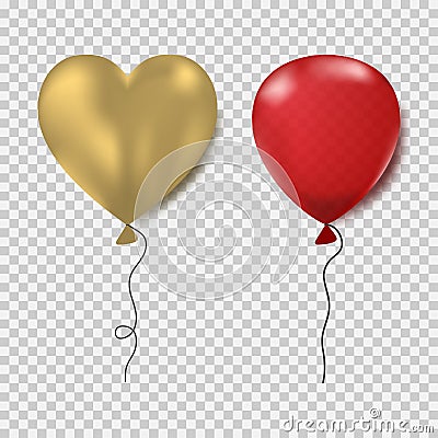 Ballons set. Red oval and gold heart form. Realistic decorations for party, birthday, Valentine`s day and outher celebrations. Vector Illustration
