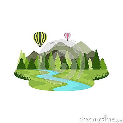 Balloon Air Transport Travel Mountain River and Lake Landscape Vector Illustration