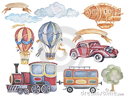 Balloon airship set large vintage retro typewriter small train trailer tree ribbon for inscription transport watercolor illustra Cartoon Illustration