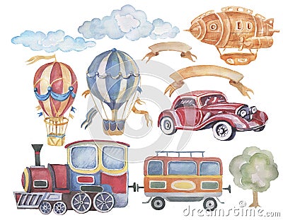 Balloon airship set large vintage retro typewriter small train trailer tree ribbon for inscription transport watercolor illustra Cartoon Illustration