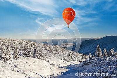 A balloon amid snow in the mountains of Europe. scan from flight altitude. Stock Photo