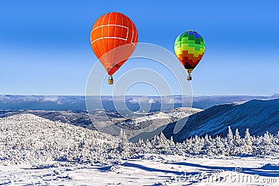 A balloon amid snow in the mountains of Europe. scan from flight altitude. Stock Photo