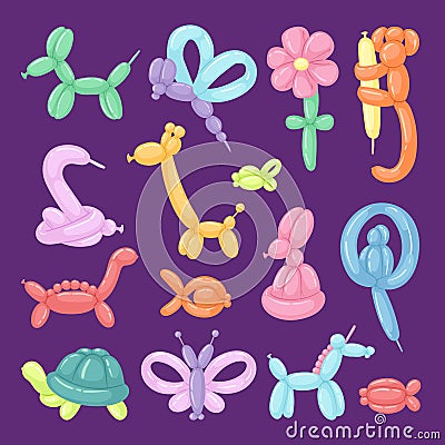 Balloon animals vector illustration cartoon set festive present rounded birthday games colorful toy. Vector Illustration