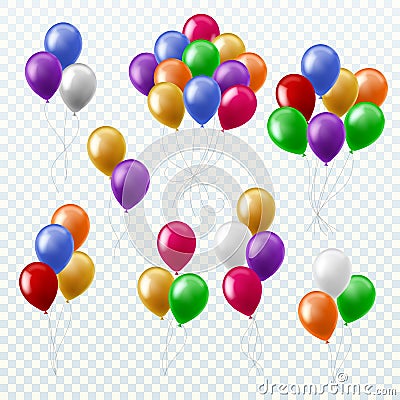 Balloon bunches. Party decoration color balloons flying groups isolated 3d vector set Vector Illustration