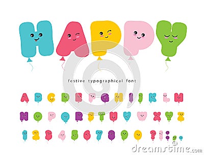 Balloon comic font for kids. Kawaii colorful ABC letters and numbers. Bold cartoon alphabet for birthday and holidays Vector Illustration