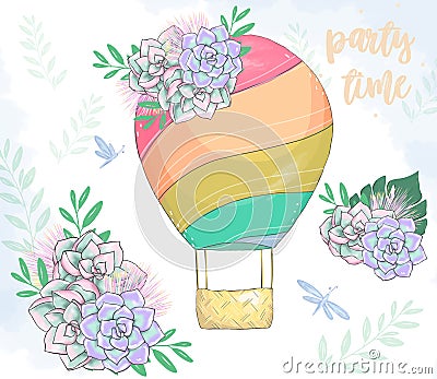 Balloon digital clip art flowers drawing illustration color flying balloon with basket color element Greeting Celebration Birthday Cartoon Illustration