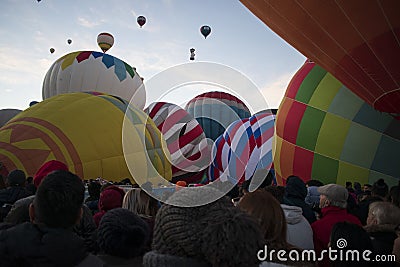 Balloon festival at dawn many aerostatics balloons rise them up Editorial Stock Photo