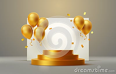 balloon golden podium present, celebrate happy birthday, gold platform banner. Vector Vector Illustration