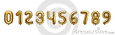 Balloon numbers. Birthday foil ballons, 3d gold helium baloon font, golden year celebrate letters 1, metallic 2 and 3 Vector Illustration