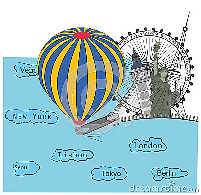 The balloon opens the zipper, the sights of different cities are opened. concept of travel. vector illustration. Vector Illustration
