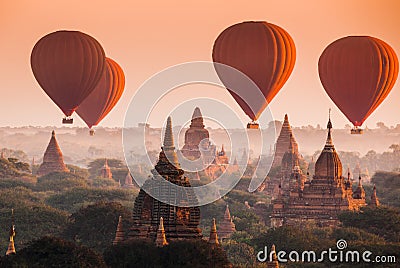 Balloon over plain of Bagan in misty morning, Myanmar Stock Photo