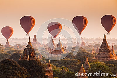 Balloon over plain of Bagan in misty morning, Myanmar Stock Photo