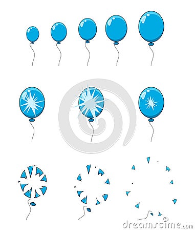 Balloon pop, explosion, burst animation step, frames isolated on white Vector Illustration