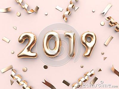 3d rendering 2019 balloon text/number and gold ribbon metallic pink background Stock Photo