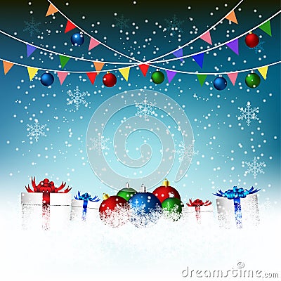 Christmas ornaments with snow flexes on winter background Stock Photo
