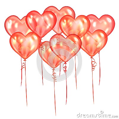 Realistic red balloons-hearts. Balloons for romantic party, celebration valentine`s day. Flying glossy balloons. Holiday vector Vector Illustration