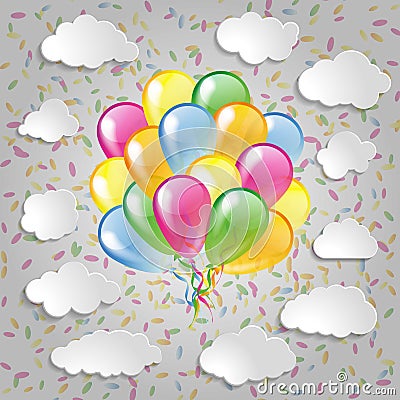 Balloons with clouds and colorful confetti a grey Vector Illustration