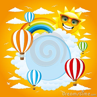 Balloons, clouds, rainbow and sun. Vector Illustration