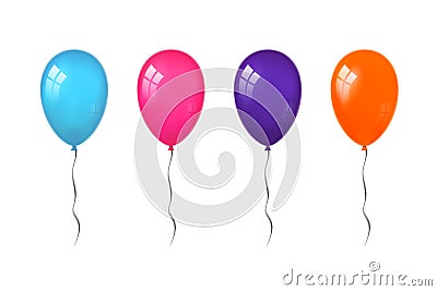 Balloons 3D bunch set, thread, isolated white background. Color glossy flying baloon, ribbon, birthday celebrate Vector Illustration