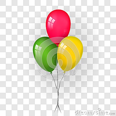 Balloons 3D bunch set, thread, isolated white transparent background. Color glossy flying baloon, ribbon, birthday Vector Illustration