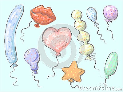 Balloons different cute set lips heart star pear round oval shapes vector illustration Vector Illustration
