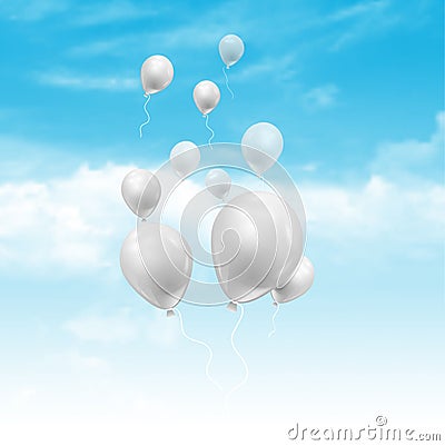Balloons floating in blue sky with fluffy white clouds Vector Illustration