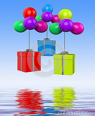 Balloons With Presents Displays Birthday Party Or Colourful Gift Stock Photo