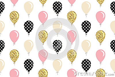 Balloons seamless pattern background. For birthday, baby shower design. Glitter, polka dots, pastel pink and beige colors. Raster Cartoon Illustration