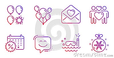 Balloons, Smile face and Balloon dart icons set. Calendar discounts, Scuba diving and Love letter signs. Vector Vector Illustration