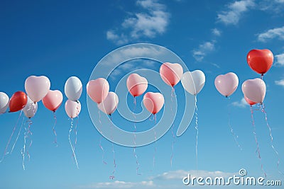 balloons strung with blank tags against a blue sky Stock Photo