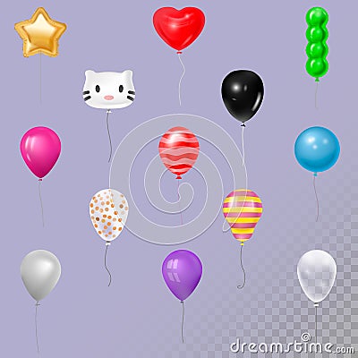 Balloons vector in air happy Birthday gift collection of colorful 3d realistic balloons gel balls animals face set Vector Illustration