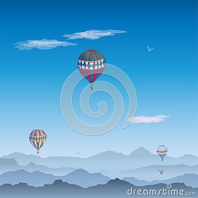 Balloons card. Some differently colored striped air balloons flying in the sunny sky. Patterns of clouds and birds soaring Vector Illustration