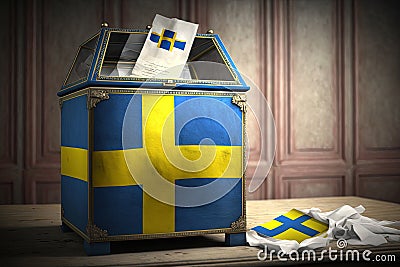 Ballot box with flag of Sweden and voting papers. Swedish presid Stock Photo