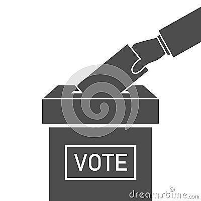 Ballot box and hand with vote. Icon of election. Voter with envelope on referendum. Logo of democracy. Candidate in government, Vector Illustration