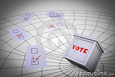 Ballot box on a spider web demonstrating Election fraud concept. 3D illustration. Cartoon Illustration