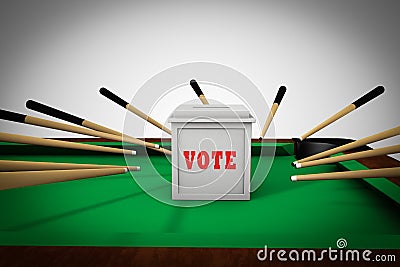 Ballot box is surrounded by billiard cue sticks demonstrating voting issue. 3D illustration. Cartoon Illustration