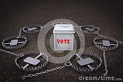 Ballot box surrounded by Metal bear trap demonstrating voting issue. 3D illustration. Cartoon Illustration