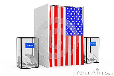 Ballot Boxes near White Voting Booth with Curtain and USA Flag. Stock Photo