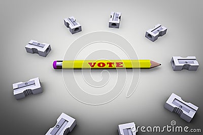 Ballot pencil surrounded by sharpeners demonstrating voting issue. 3D illustration. Cartoon Illustration