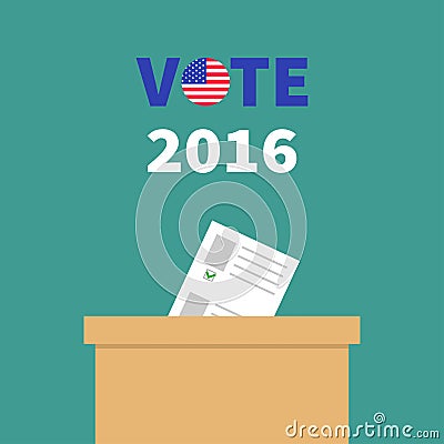 Ballot Voting box with paper blank bulletin Choice concept. Polling station. President election day Vote 2016 text round badge Vector Illustration