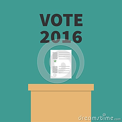 Ballot Voting box Paper blank bulletin with green mark concept. Polling station. President election day Vote 2016 black text. Flat Vector Illustration