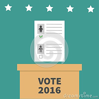 Ballot Voting box with paper blank bulletin Man Woman mark concept. Vector Illustration