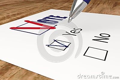 A ballot voting in elections and the voter marks blue tick in YES checkbox Stock Photo