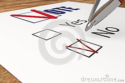 A ballot voting in elections and the voter marks red tick in NO checkbox Stock Photo