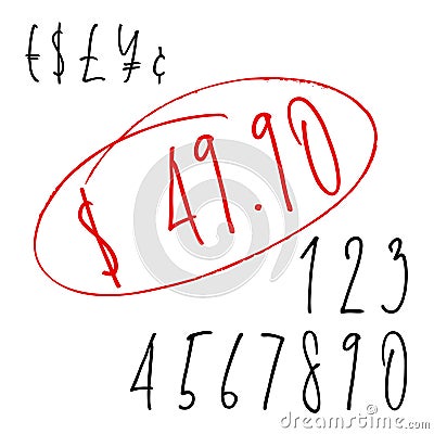 Ballpen lettering numbers and currency symbols Vector Illustration
