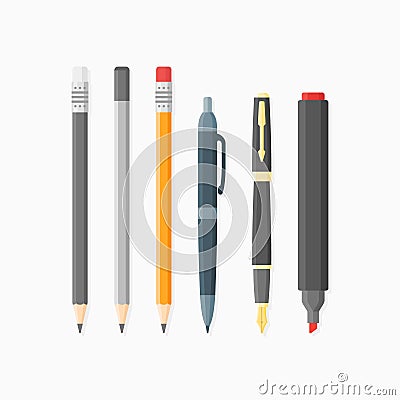 Ballpoint pen, nib, pencils and marker isolated on white background. Vector Illustration