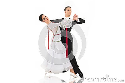 Ballroom dance couple in a dance pose isolated on white background. ballroom sensual proffessional dancers dancing walz Stock Photo