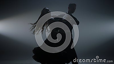 Ballroom pair performing valse on stage. Beautiful couple dancing in dark hall. Stock Photo