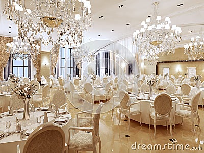 The ballroom and restaurant in classic style. Stock Photo